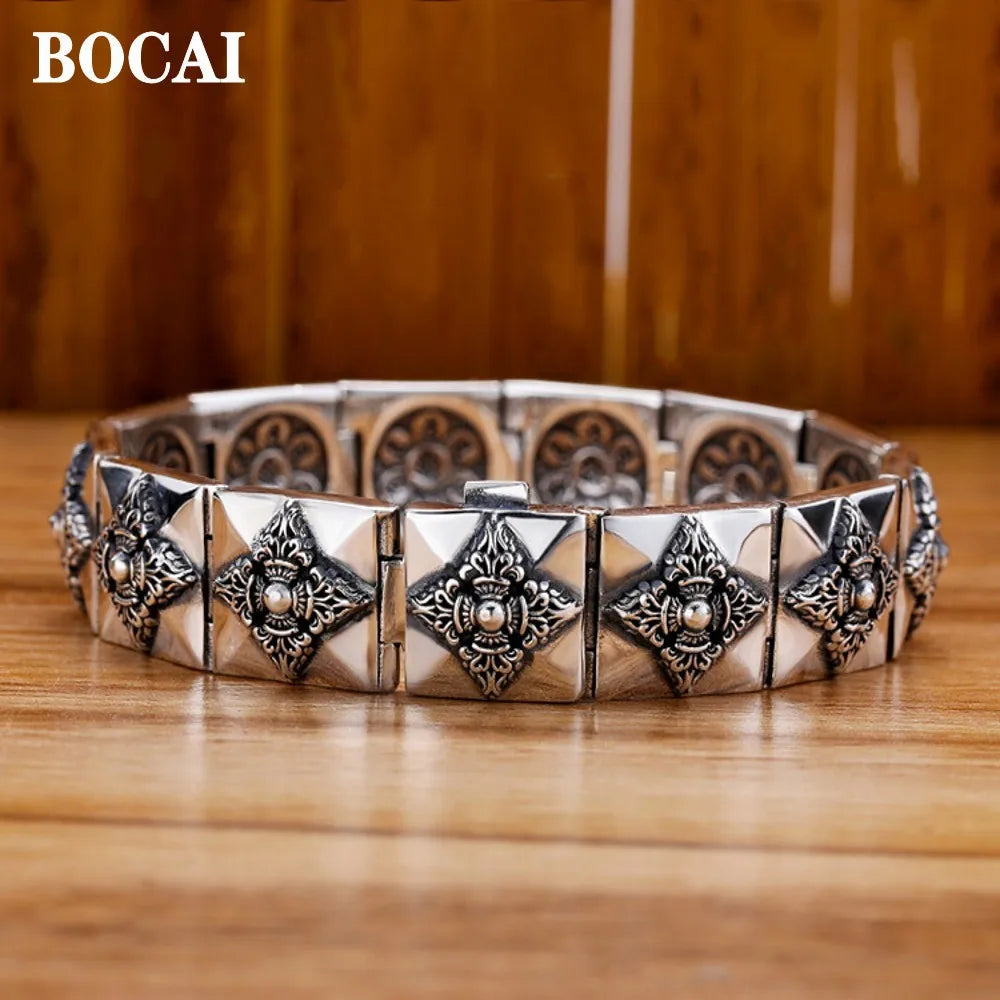 BOCAI 100% S925 Silver Men`s Bracelet- Individual Ethnic Style six-Character Mantra Vajra Wide Version Vintage Tank Chain