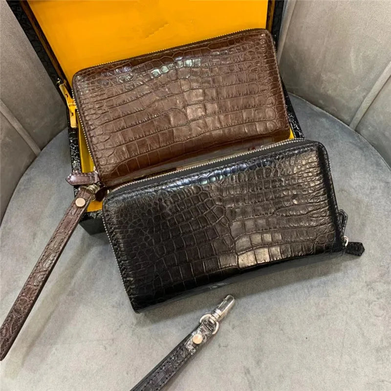 Authentic Crocodile Skin Businessmen Long Organizer Wallet Wristlets Clutch Bag- Genuine Real Alligator Leather Men`s Card Purse