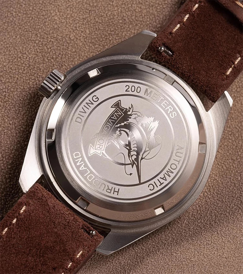 Hruodland Retro Sport Men`s Watches- NH35 Automatic Mechanical Stainless Steel Brown Leather Diving Wristwatch for Men.