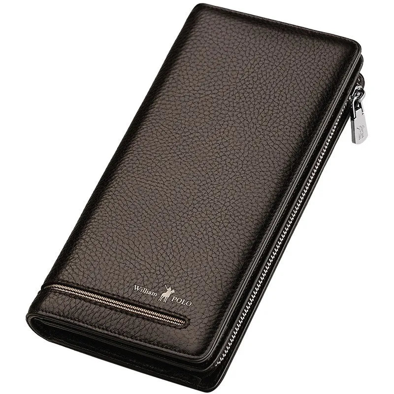 WILLIAMPOLO Men`s Wallet Long Style- High Quality Card Holder Male Purse Zipper Large Capacity Brand Cowhide Leather Wallet