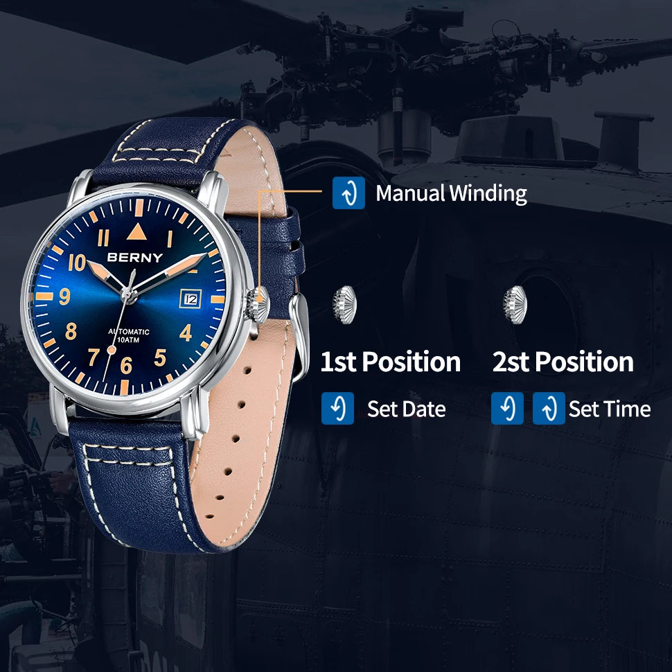 BERNY Pilot Automatic Watch for Men- Mechanical Luminous Army Military Vintage with Sapphire Waterproof 100m Diver Wristwatch Men