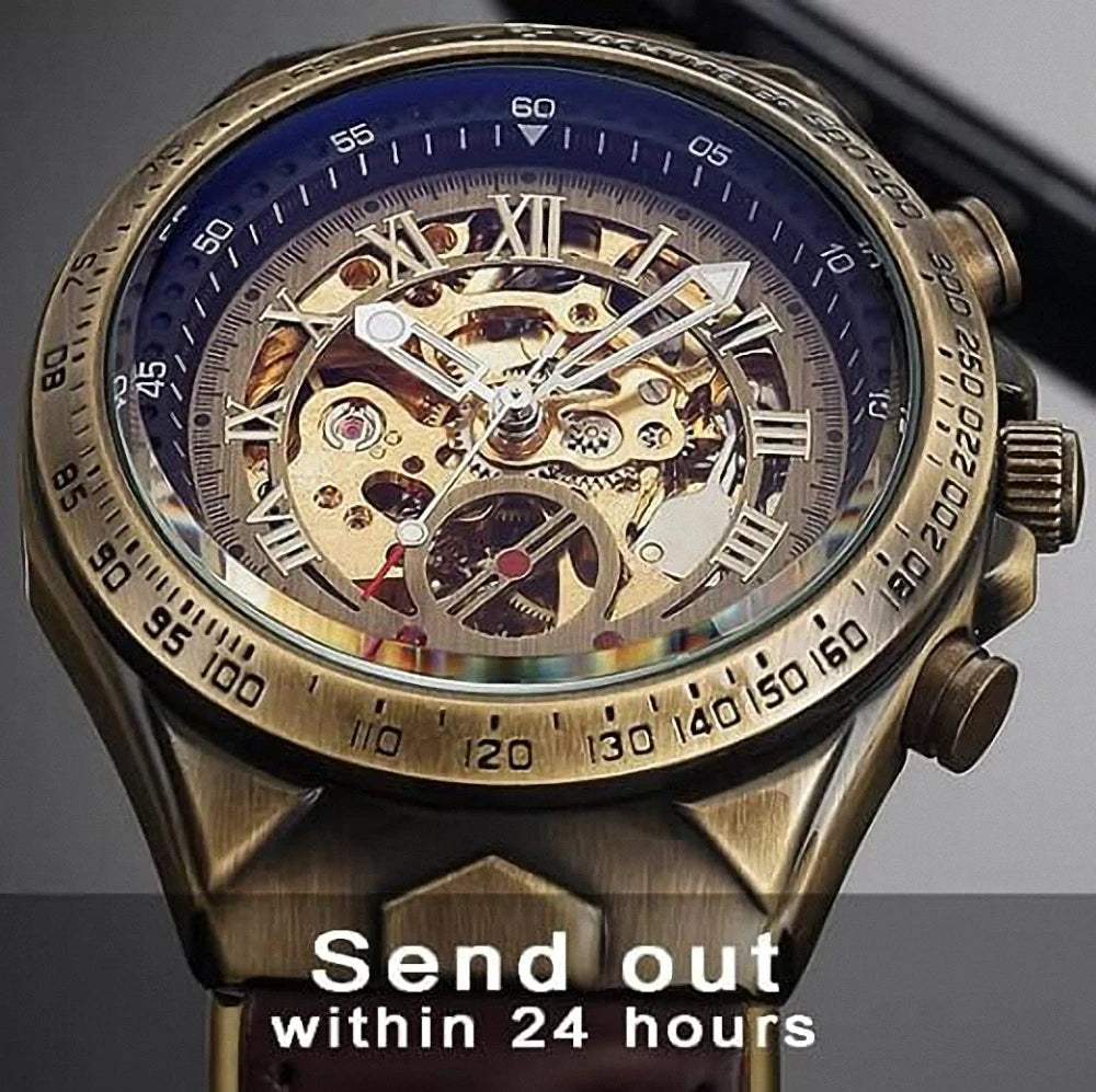 Bronze Retro Skeleton Automatic Steampunk Mechanical Luminous Watch for Men