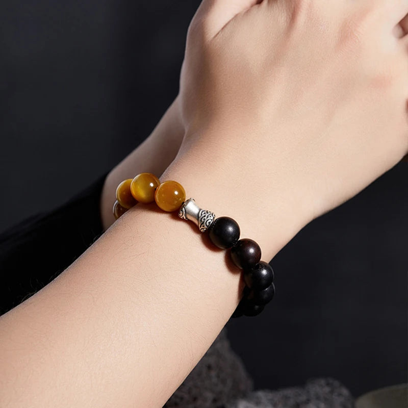Men Bicolor Natural Tiger Eyes Obsidian Stone Bracelet- Lucky Crystals Charm Bracelet New Fashion Life Tree Jewelry