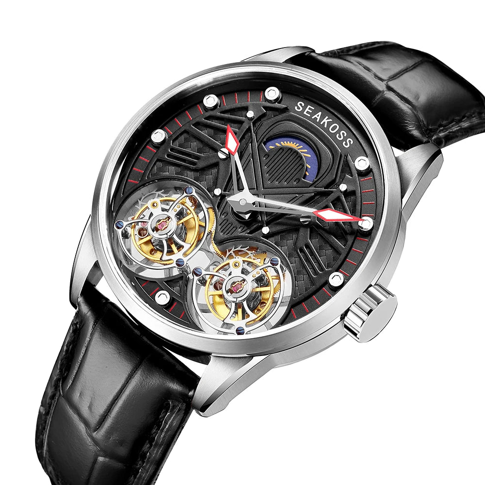 SEAKOSS Top Brand Double Tourbillon Men's Mechanical Watches- Hand Winding Movement Men`s Wristwatches with Sapphire Luminous Waterproof Lens.