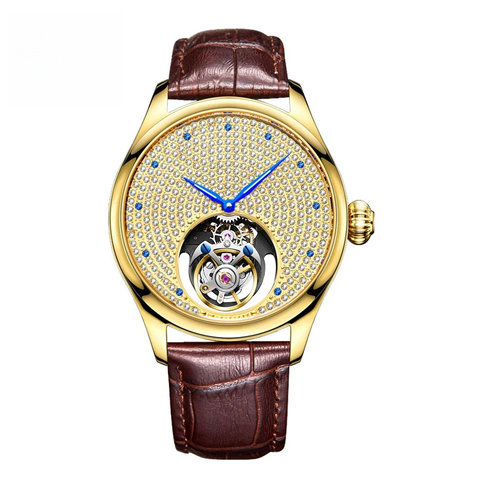 AESOP Luxury Starry Sky Men's Tourbillon Mechanical Watch, Manual movement Hollow Full Diamond Steel Watch, 3Bar Leather Strap A