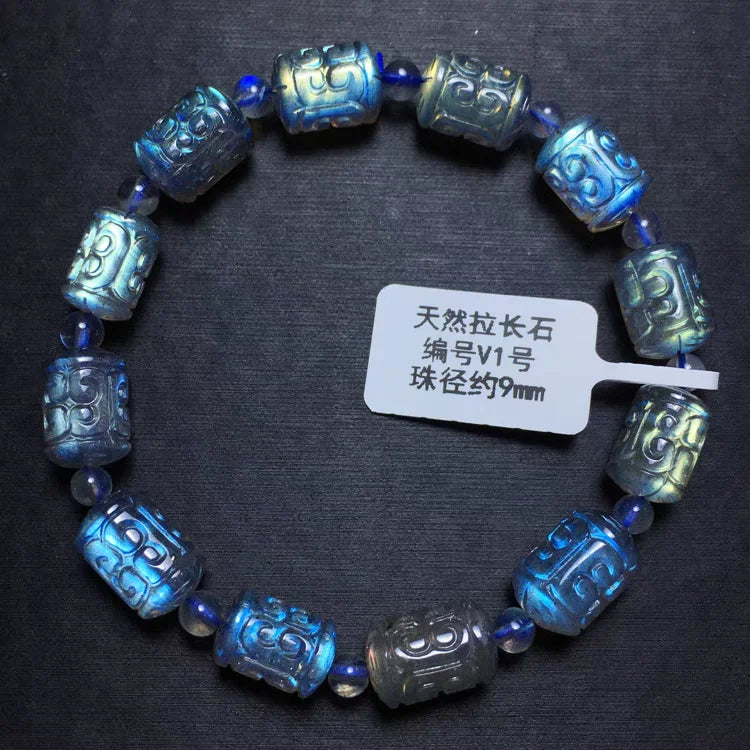 Natural Blue Labradorite Clear Barrel Beads Bracelet 9.5mm for Men- Carved Gemstone Grey Moonstone 9mm 10mm 11mm 12mm AAAAAA