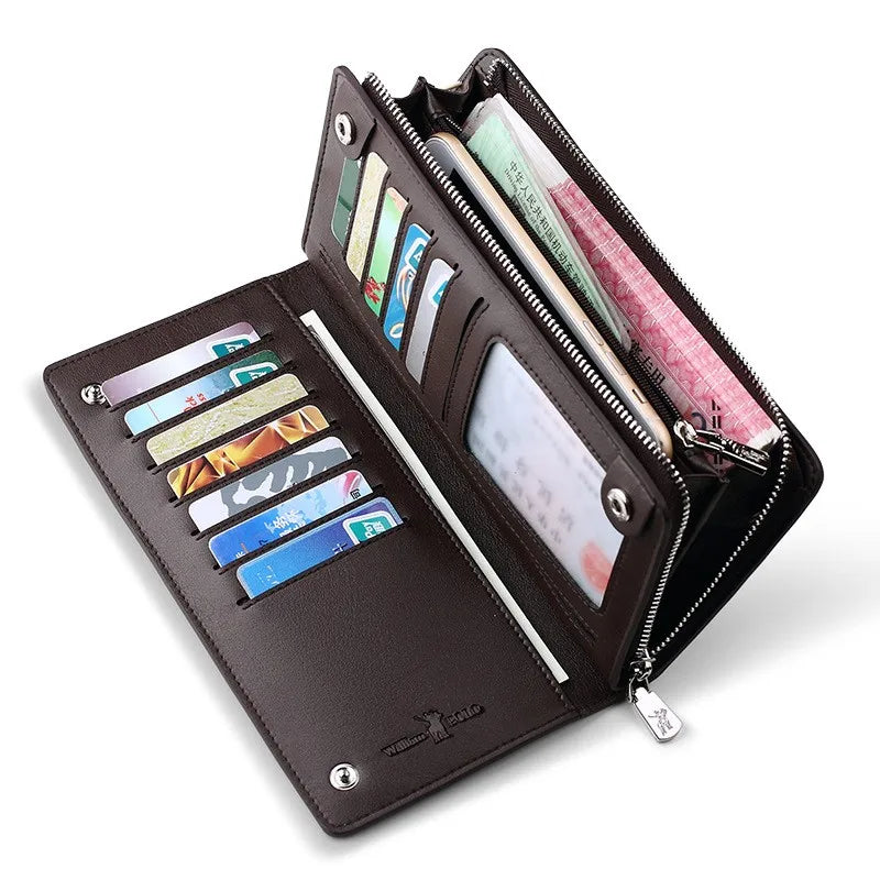 WILLIAMPOLO Men`s Wallet Long Style- High Quality Card Holder Male Purse Zipper Large Capacity Brand Cowhide Leather Wallet