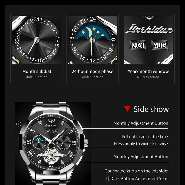 JSDUN Moon Phase Men's Automatic Elegant Chronograph Watch with Ceramic Strap - DeRae's Shop For Goods