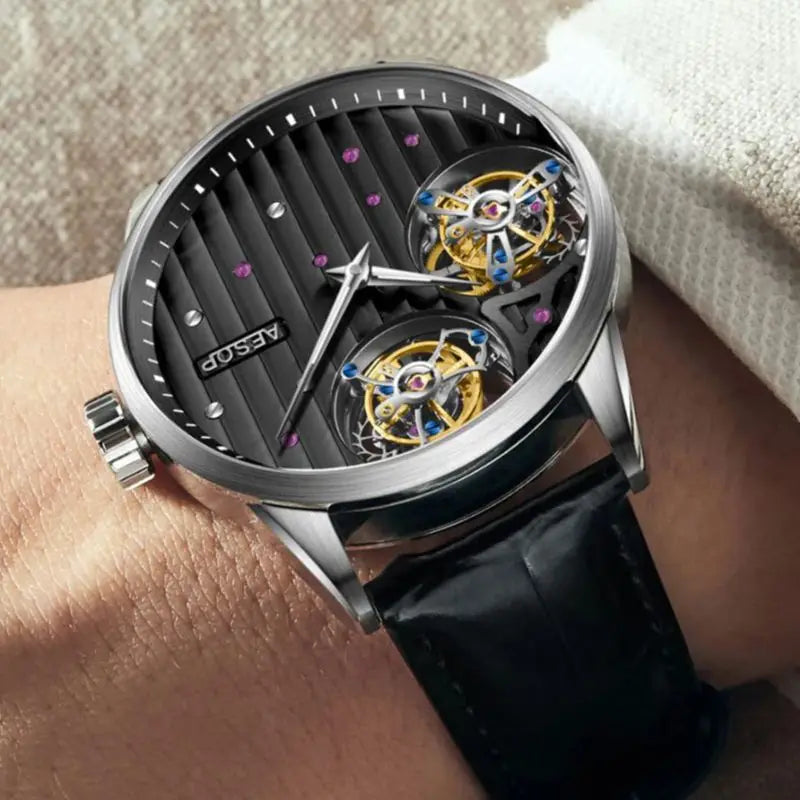 AESOP New Double Tourbillon Movement Mechanical Watches For Men- Male Skeleton Wrist Watch with Luxury Waterproof Sapphire Mirror Lens.