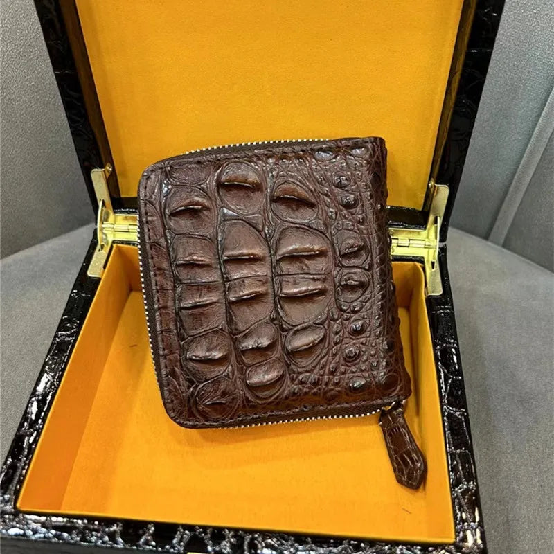 Authentic Exotic Alligator Leather Men's Short Black ZIP Bifold Wallet- Genuine Real Crocodile Skin Male Small Brown Card Holder