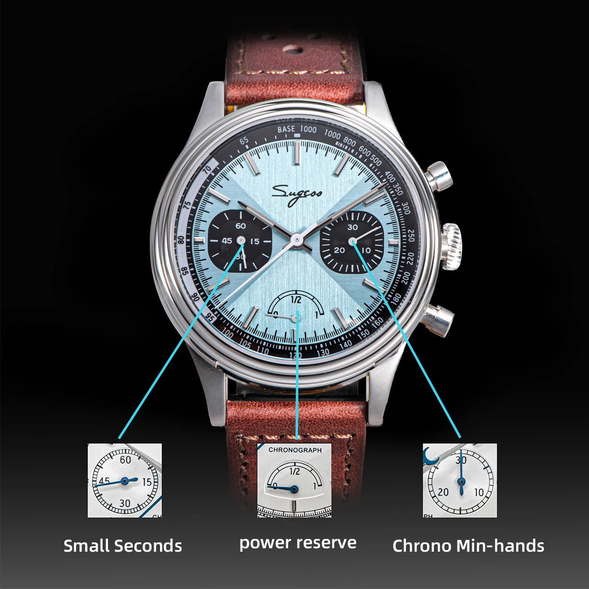 Sugess Pilot Watch Men ST1906 Movement Hand wind Chronograph Wristwatches -Sapphire Waterproof Hand Wind Power Reserve Luminous V2