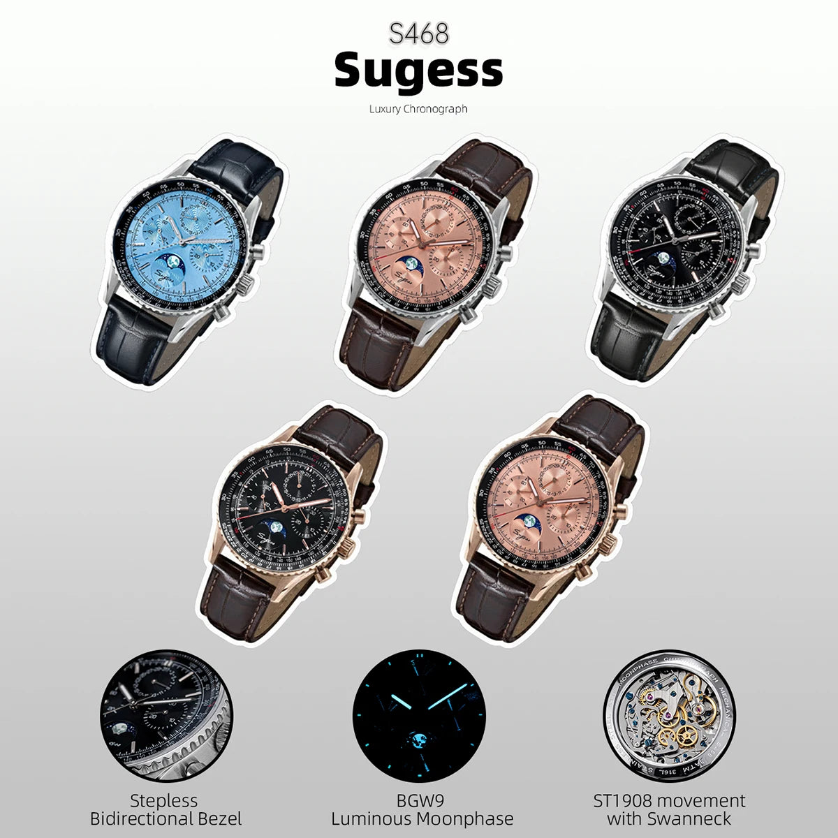 Sugess Watch- Mens Moonphase Pilot Chronograph Mechanical Wristwatches Tianjin ST1908 Movement  with Swanneck Sapphire Crystal Luminous Lens