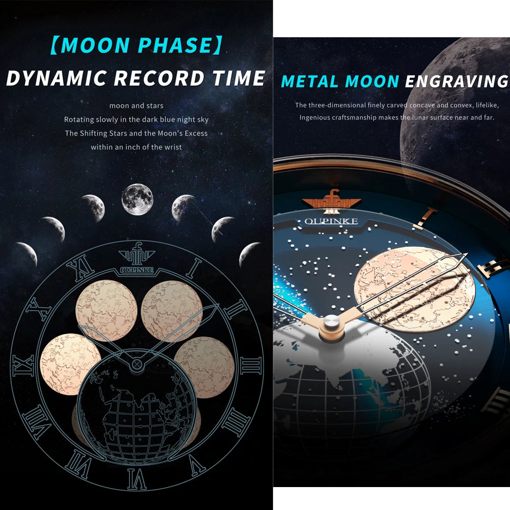 OUPINKE Moon Phase Watch for Men- 3D Earth Starry Star Rotating Dial Automatic Mechanical Luxury Brand Men's Moonswatch