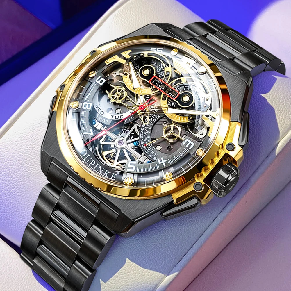 OUPINKE Original Brand & Italian Designer Men's Watches Waterproof Automatic Mechanical Watch Transparent Hollow out Wristwatch