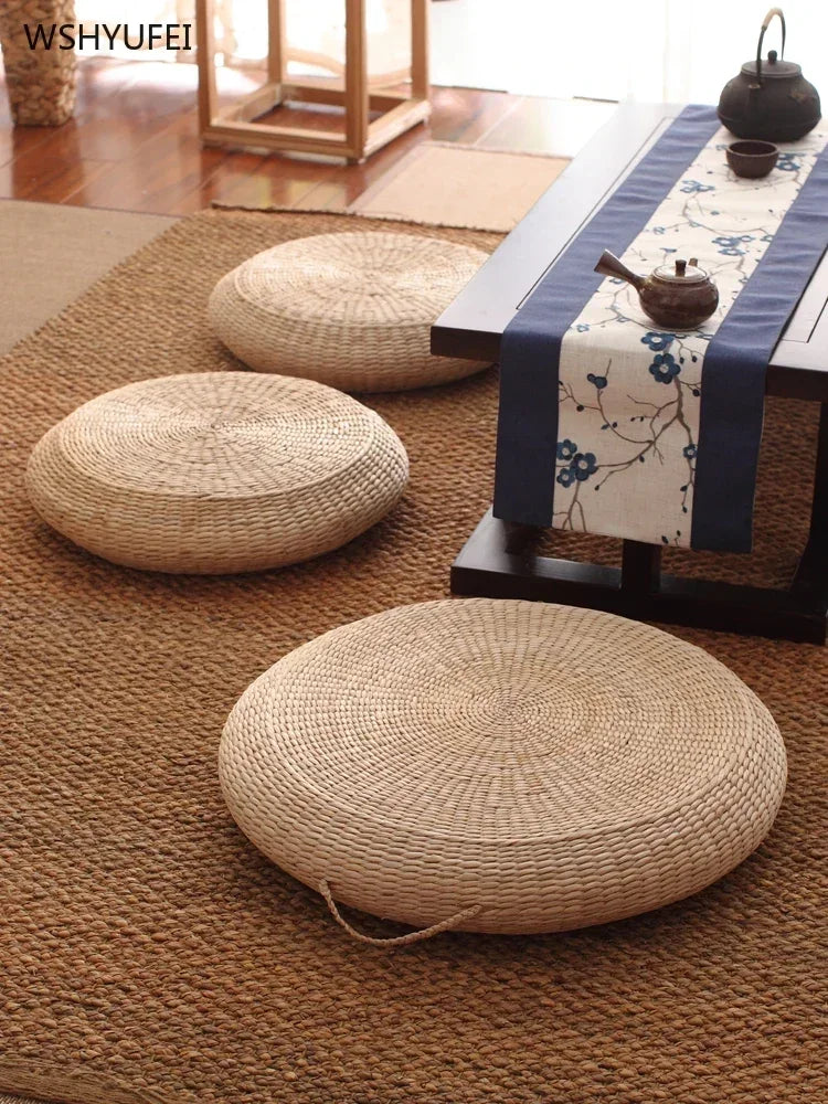 Japanese Style Futon Straw Cushion on the ground Thickened Round Tatami Cushions- Home Portable Sitting Cushion Meditation Mat