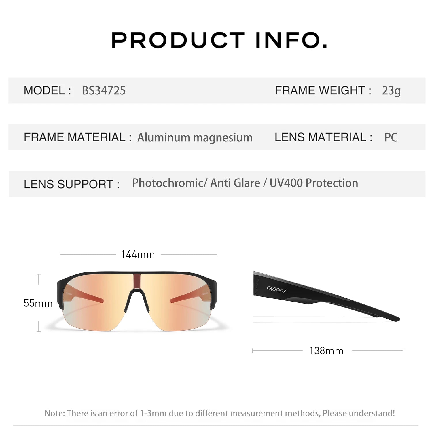 CAPONI Sports Men`s Fit Over Sunglasses- High Quality Outdoor Photochromic Sun Glasses Anti Glare UV400 Protection Shade BS34725