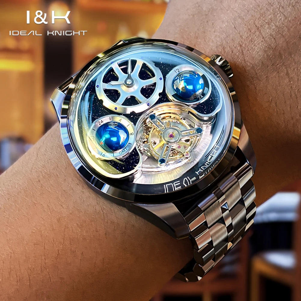 IDEAL KNIGHT 6805 Tourbillon Automatic Mechanical Watch for Men- GMT Multi Temporal Zone Setting High-End Luxury Men`s Wrist Watch