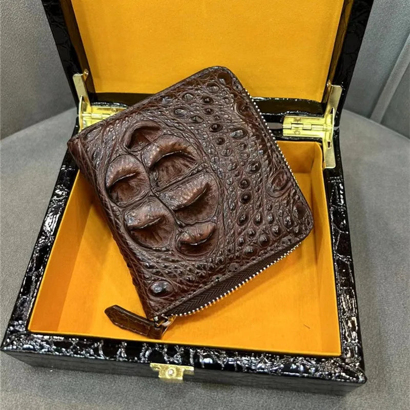 Authentic Exotic Alligator Leather Men's Short Black ZIP Bifold Wallet- Genuine Real Crocodile Skin Male Small Brown Card Holder