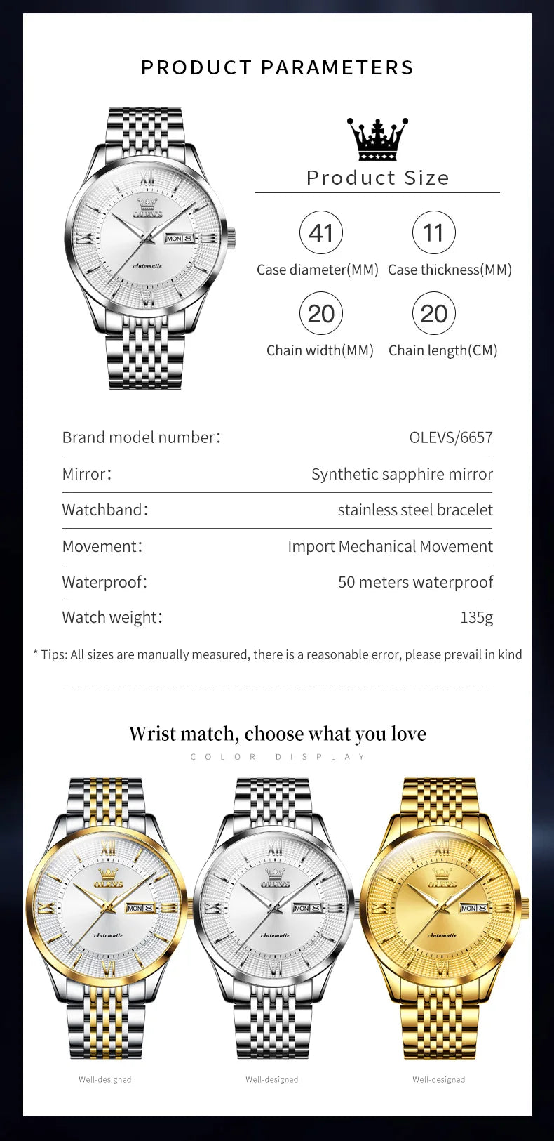 OLEVS Crystal Mirror Luxury Brand Mechanical Men's Wristwatch - DeRae's Shop For Goods