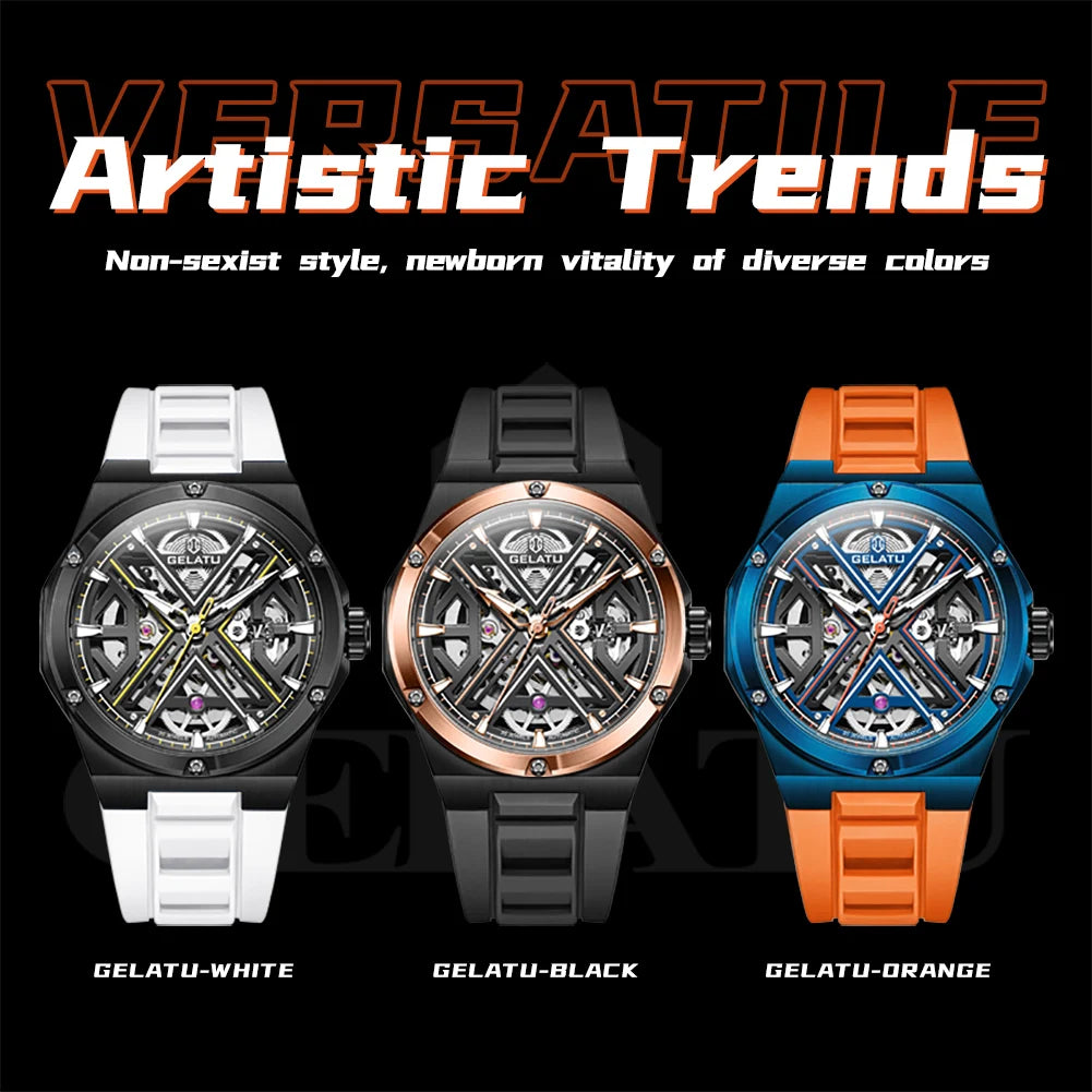 GELATU 6006 Original Deep Waterproof Men`s Mechanical Wristwatch- Hollow Skeleton Sapphire Mirror Luxury Automatic Watch.