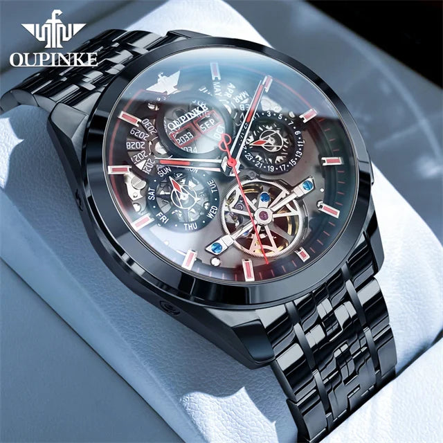 OUPINKE 3235 Black Skeleton Flywheel Automatic Mechanical Watches for Men- Multi-Function Stainless Steel Luxury Brand Wristwatch