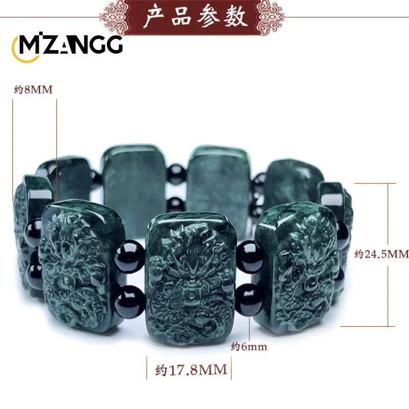 Mzangg High-grade Natural Jade Kowloon Protector Hand- Hand Carved Dark Green Jade Dragon Powerful Men's Bracelet and Lucky Amulet