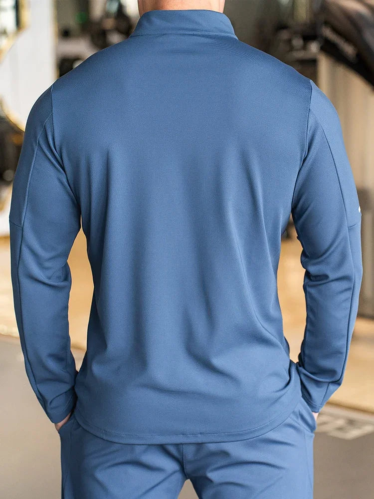 Men's Sports Fitness Casual Tops Long Sleeve Stand Up Collar- Solid Color Jacket Jogging Workout Sweatshirt with Zip Long Sleeves.