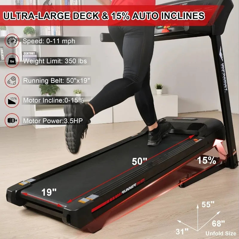 Impremey Folding Treadmill with Auto Incline 15%, 3.5HP, 350 Lb Capacity, 11 MPH, 50" x 19" Ultra Large Running Area