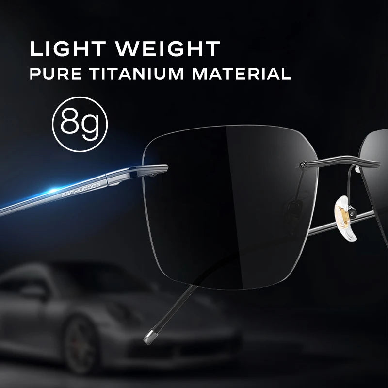 CAPONI Pure Titanium Photochromic Sunglasses- Rimless Polarized Driving Men's Sun Glasses with Ultra Light UV400 Brand Shades BS28923
