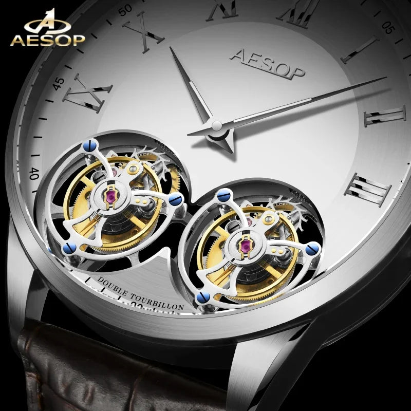 2025 Aesop Men's Double Tourbillon Watch- Hand Winding Movement Sapphire Business Fashion Male Mechanical Wristwatches Waterproof