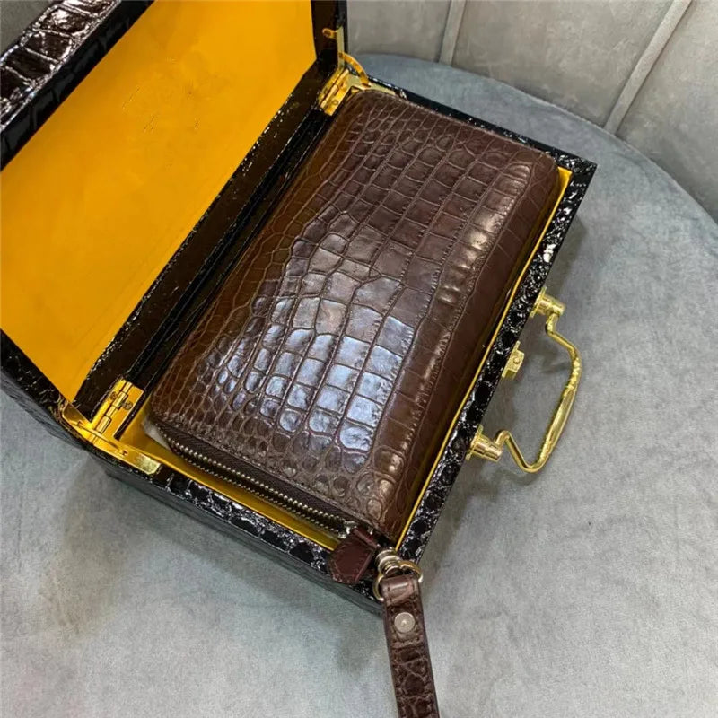 Authentic Crocodile Skin Businessmen Long Organizer Wallet Wristlets Clutch Bag- Genuine Real Alligator Leather Men`s Card Purse