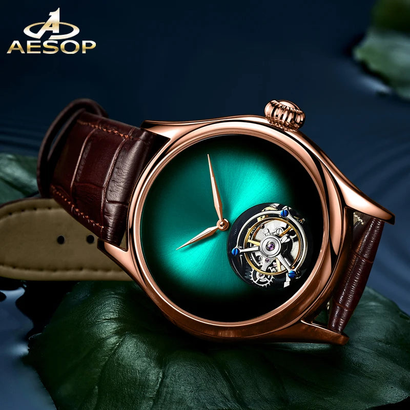 AESOP Men's Luxury Central Manual Tourbillon Mechanical Watch- Gradient Aurora Simple Advanced Light Luxury 3Bar Waterproof Watch
