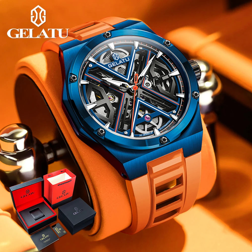 GELATU 6006 Original Deep Waterproof Men`s Mechanical Wristwatch- Hollow Skeleton Sapphire Mirror Luxury Automatic Watch.