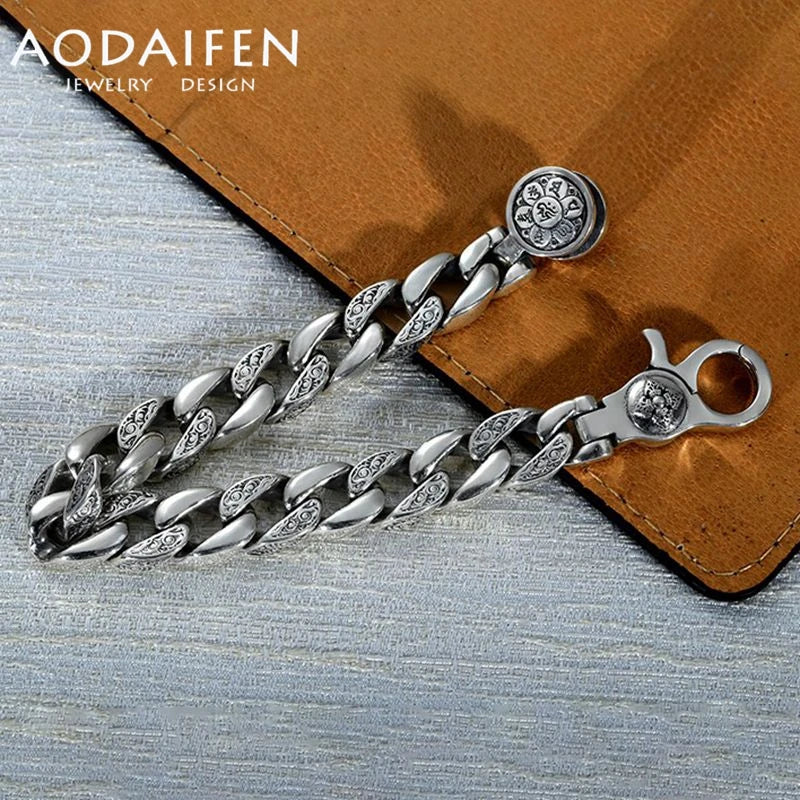AODAIFEN S925 Sterling Silver Vintage Luxury Trend Rotatable Six-Character Mantra Men's Bracelet