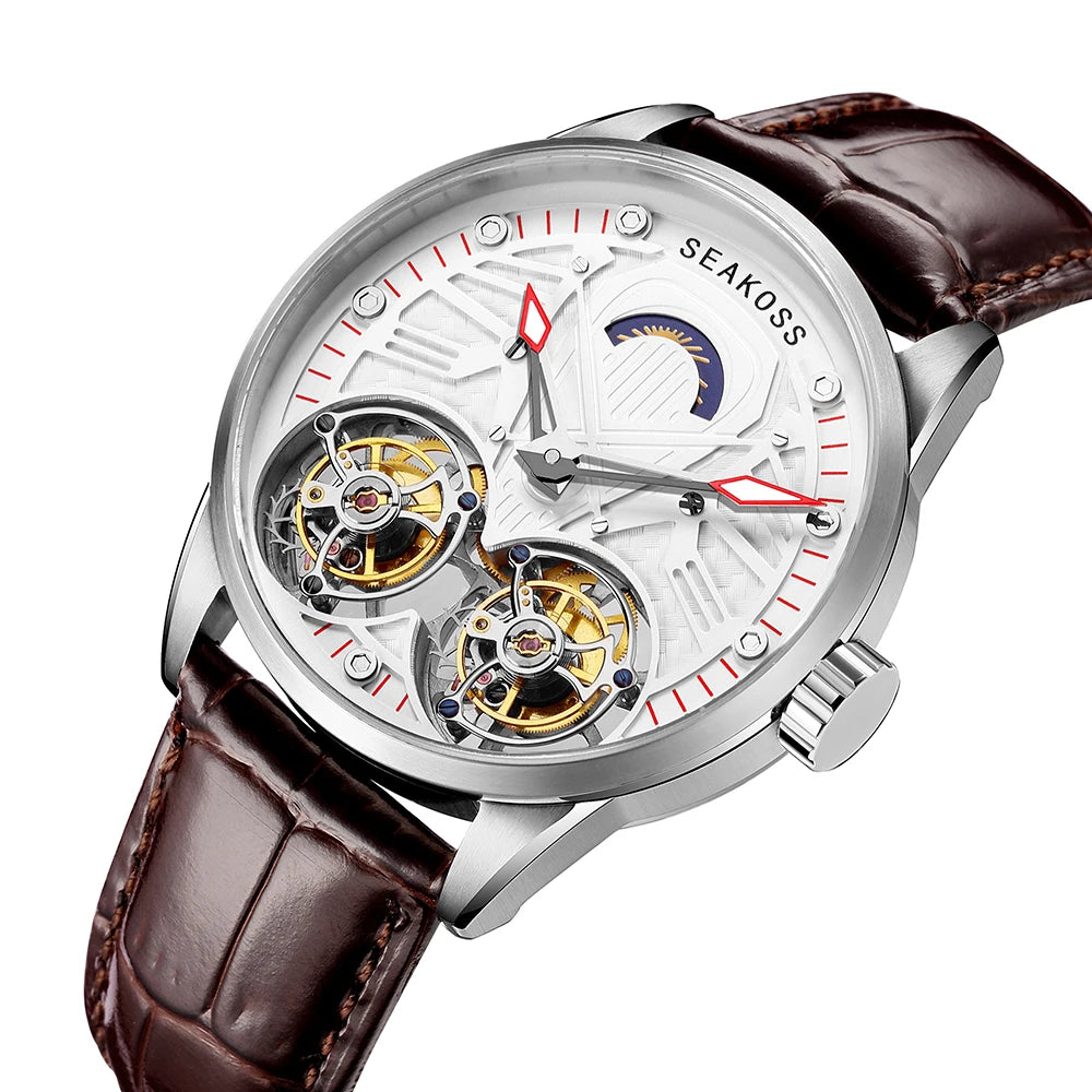 SEAKOSS Top Brand Double Tourbillon Men's Mechanical Watches- Hand Winding Movement Men`s Wristwatches with Sapphire Luminous Waterproof Lens.