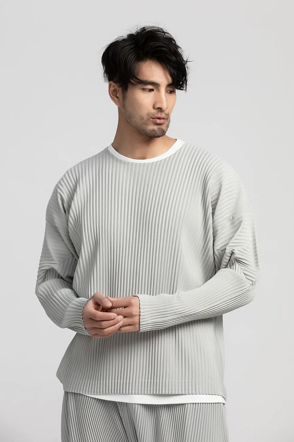 Miyake Pleated Full Sleeve Round Collar T Shirt For Men- Fashion Japanese Long Sleeve Streetwear