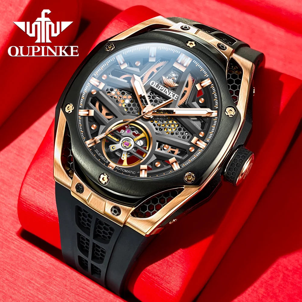 OUPINKE 9003 Silicone Strap Hollow Dial Men's Mechanical Casual Style Watch with 5Bar Water Resistance Depth.