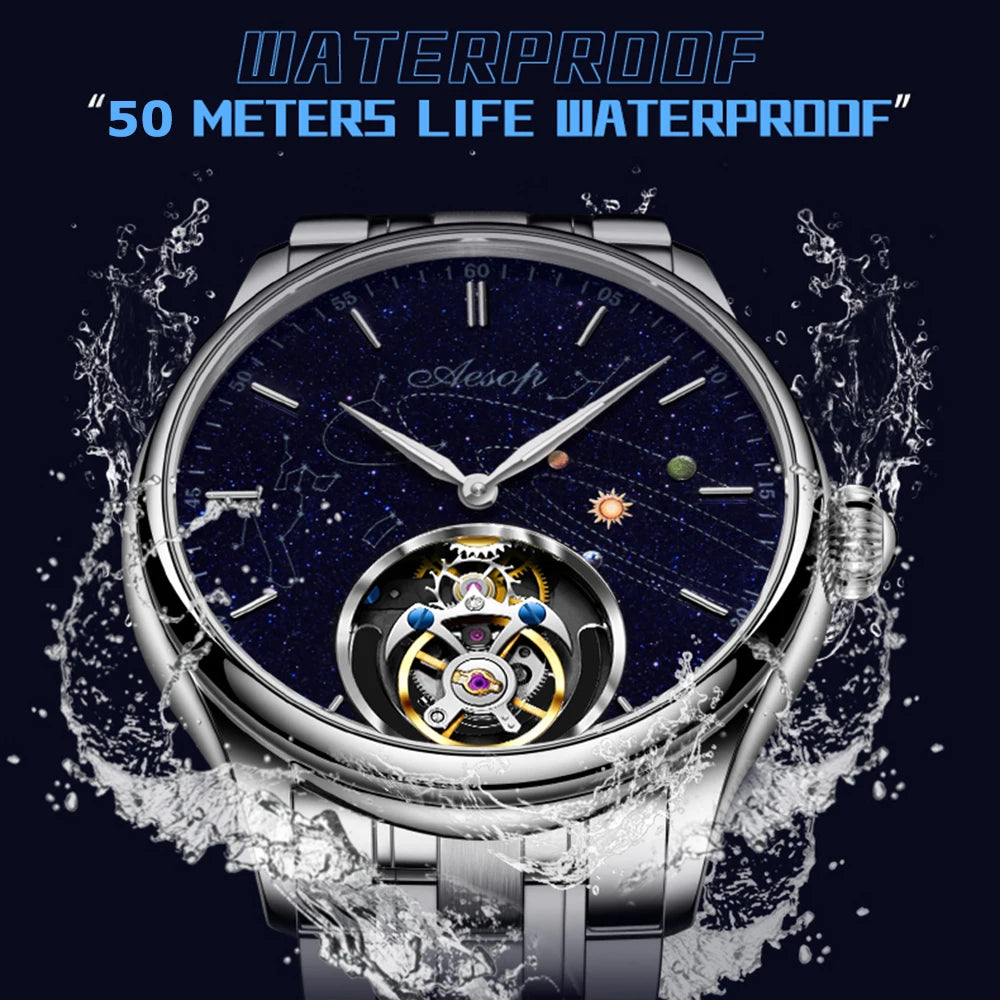 AESOP New Luxury Real Flying Tourbillon Mechanical Sapphire Waterproof Watch- Skeleton Men`s Wristwatches- Stainless Steel