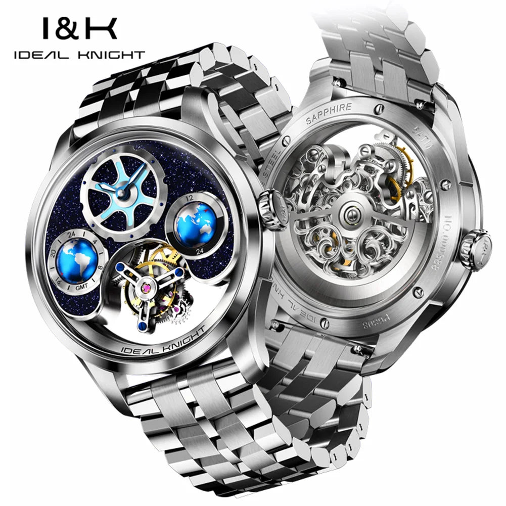 IDEAL KNIGHT 6805 Tourbillon Automatic Mechanical Watch for Men- GMT Multi Temporal Zone Setting High-End Luxury Men`s Wrist Watch