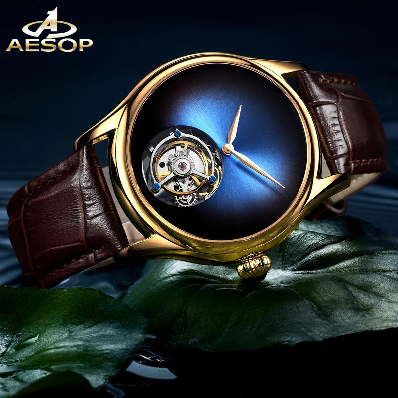 AESOP Men's Luxury Central Manual Tourbillon Mechanical Watch- Gradient Aurora Simple Advanced Light Luxury 3Bar Waterproof Watch