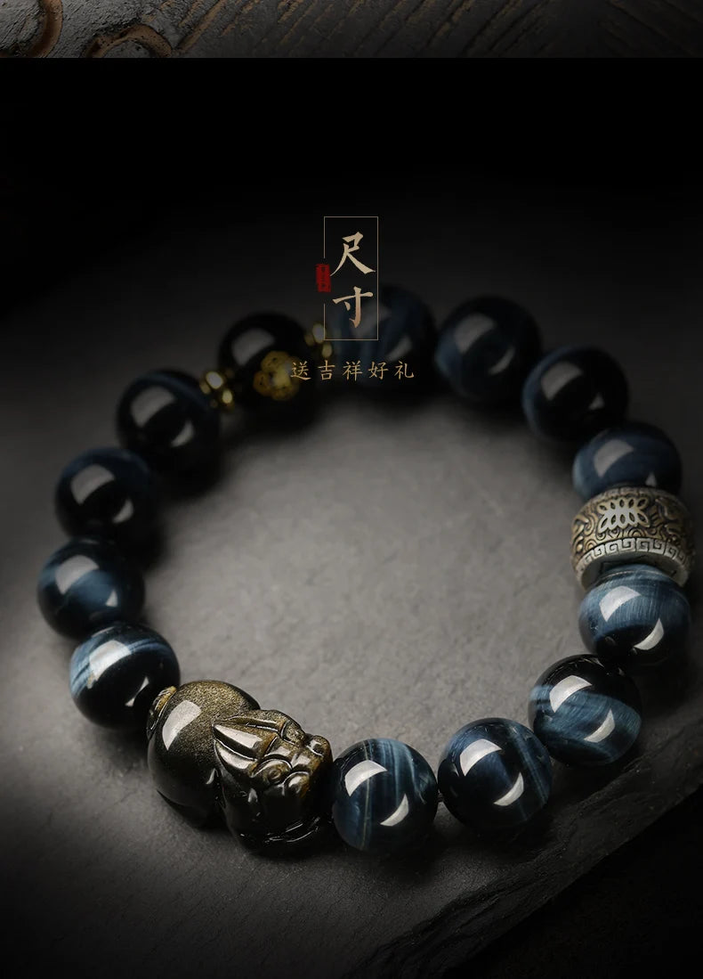 UMQ Blue Tiger Eye Bracelet- Men's High-End Gold Obsidian Brave Bracelet Collectible Lightning Pattern
