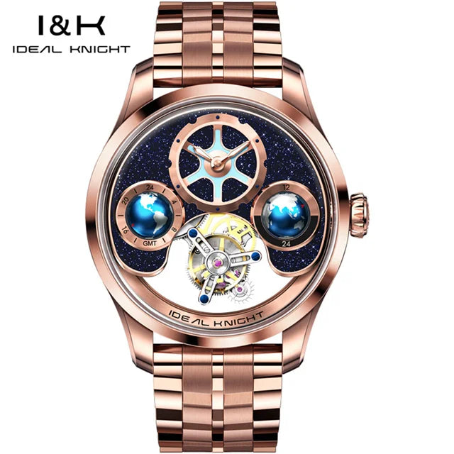 IDEAL KNIGHT 6805 Tourbillon Automatic Mechanical Watch for Men- GMT Multi Temporal Zone Setting High-End Luxury Men`s Wrist Watch