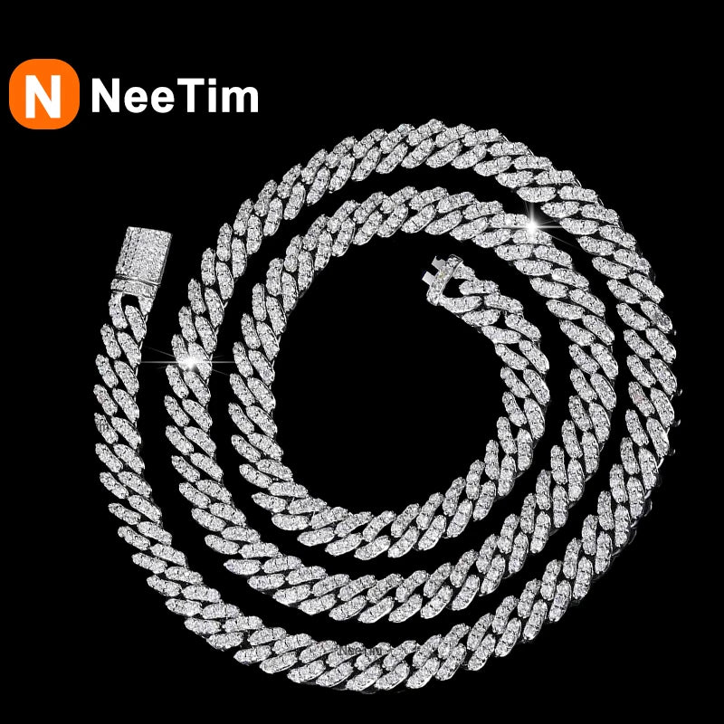 NeeTim 8mm Full Moissanite Cuban Necklaces for Men- D Color Lab Diamond S925 Sterling Silver Hip Hop Jewelry Neck Chain