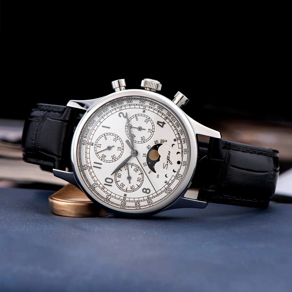 Sugess Watch of Men Chronograph Tianjin ST1908 Swanneck Movement Moon phase Business Mechanical Wristwatches with Sapphire Lens.