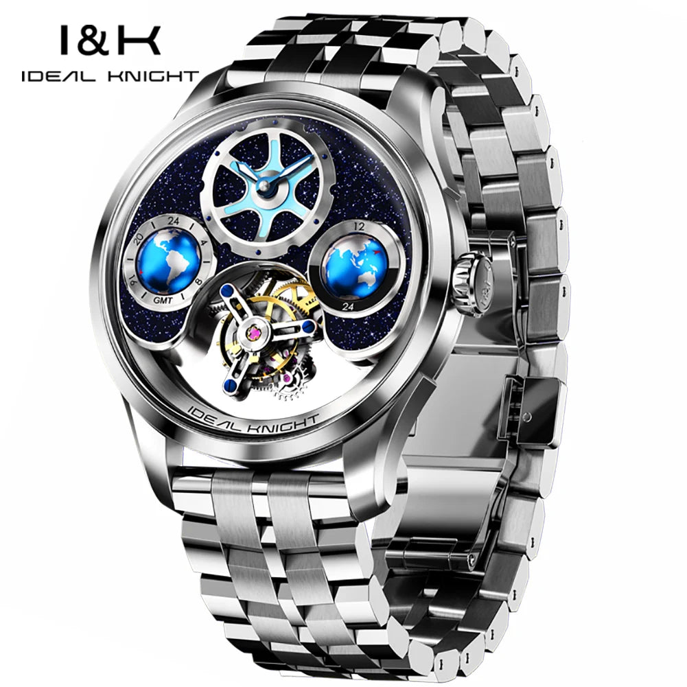 IDEAL KNIGHT 6805 Tourbillon Automatic Mechanical Watch for Men- GMT Multi Temporal Zone Setting High-End Luxury Men`s Wrist Watch