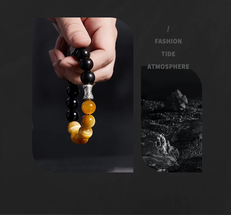 Men Bicolor Natural Tiger Eyes Obsidian Stone Bracelet- Lucky Crystals Charm Bracelet New Fashion Life Tree Jewelry