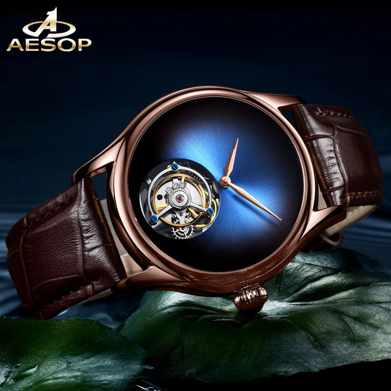 AESOP Men's Luxury Central Manual Tourbillon Mechanical Watch- Gradient Aurora Simple Advanced Light Luxury 3Bar Waterproof Watch
