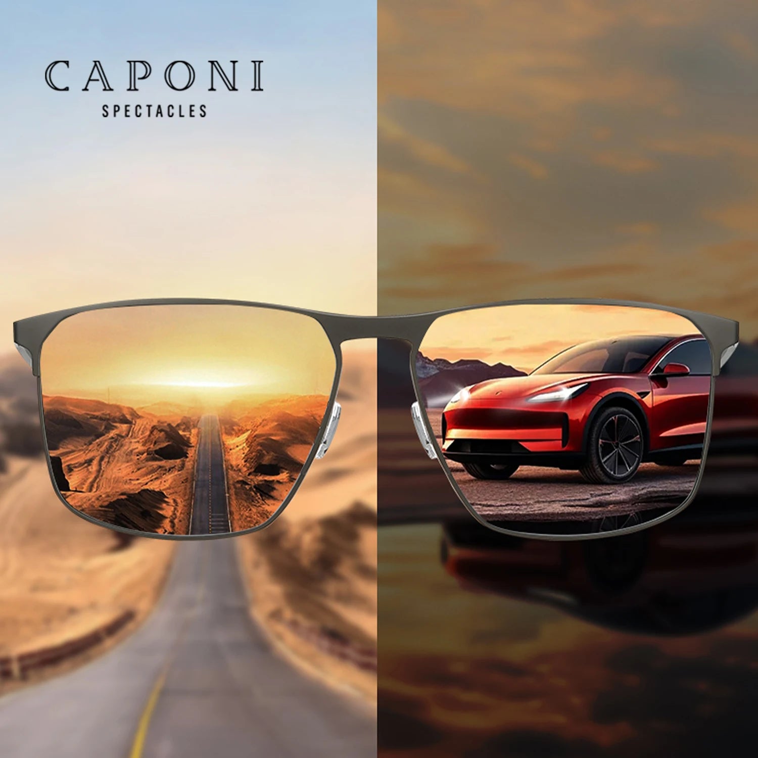 CAPONI Men’s Sunglasses Carbon Fiber Original Brand Design Yellow Glasses -Square Night Vision Sun Glasses For Driving BSYS28964