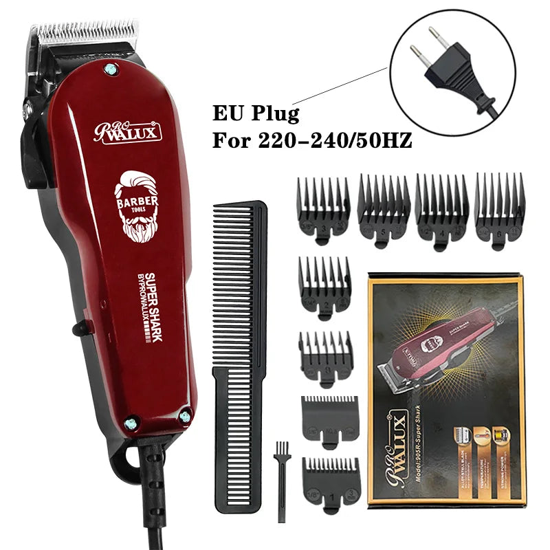 WALUX Professional AC220-240V Hair Clipper 10W Powerful Hair Trimmer- Home Man Shaver 2M Cable Hair Cutting Machine 8 Guard Combs