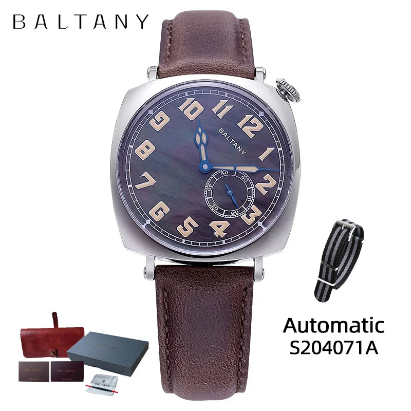 Baltany 1921 Classic ST1701 Men's Automatic Mechanical Watch- Luxury Sapphire Stainless Steel Leather Waterproof 5Bar Retro Glow